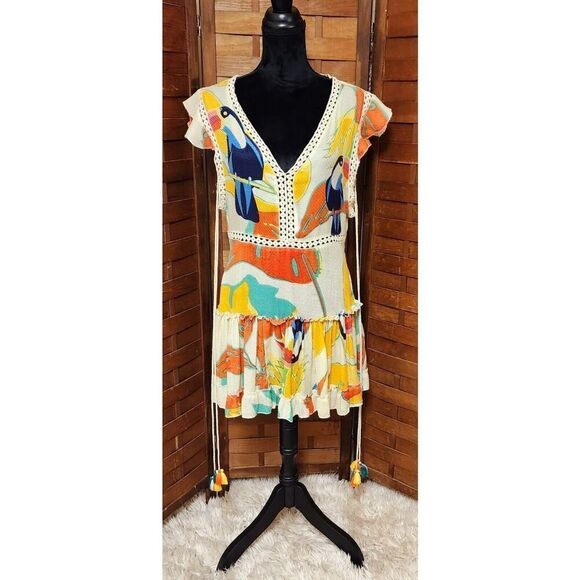 Z&L EUROPE Tassel Tie Armhole Lace Trimmed Tiered 32" Mini Dress Tucan Print S - Picture 2 of 6